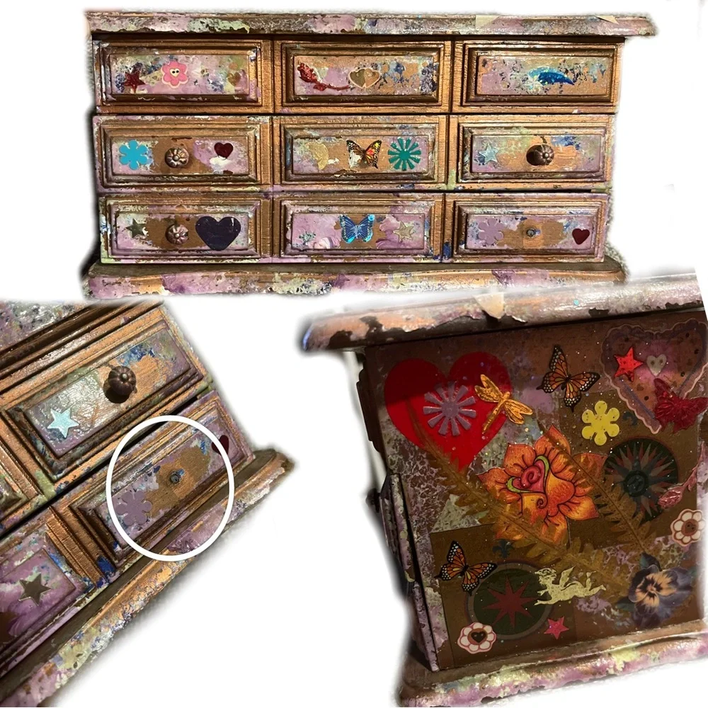 Vintage OOAK Handmade Decoupaged Y2K Moon & Sun Fairy Art on Wooden Jewelry Box